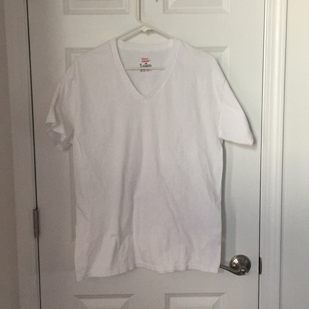 White v-neck t-shirts. Hanes brand.